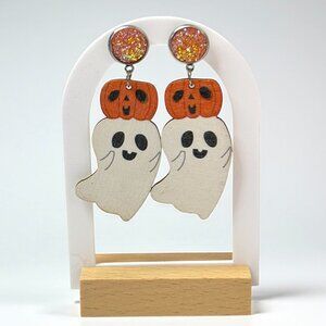 Pumpkin Ghost Wood Drop Earrings